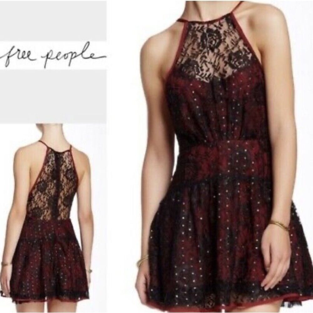 Free People Dress Wish Upon A Star Floral Lace Halter Mini Dress